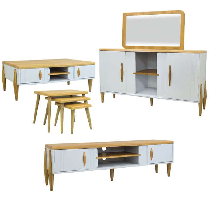 ست میز جلومبلی نگین چوب عسلی CT2122،آینه کنسول MC5122 و تلویزیون TT7122